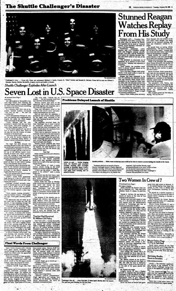 World-Herald inside page on Jan. 28, 1986